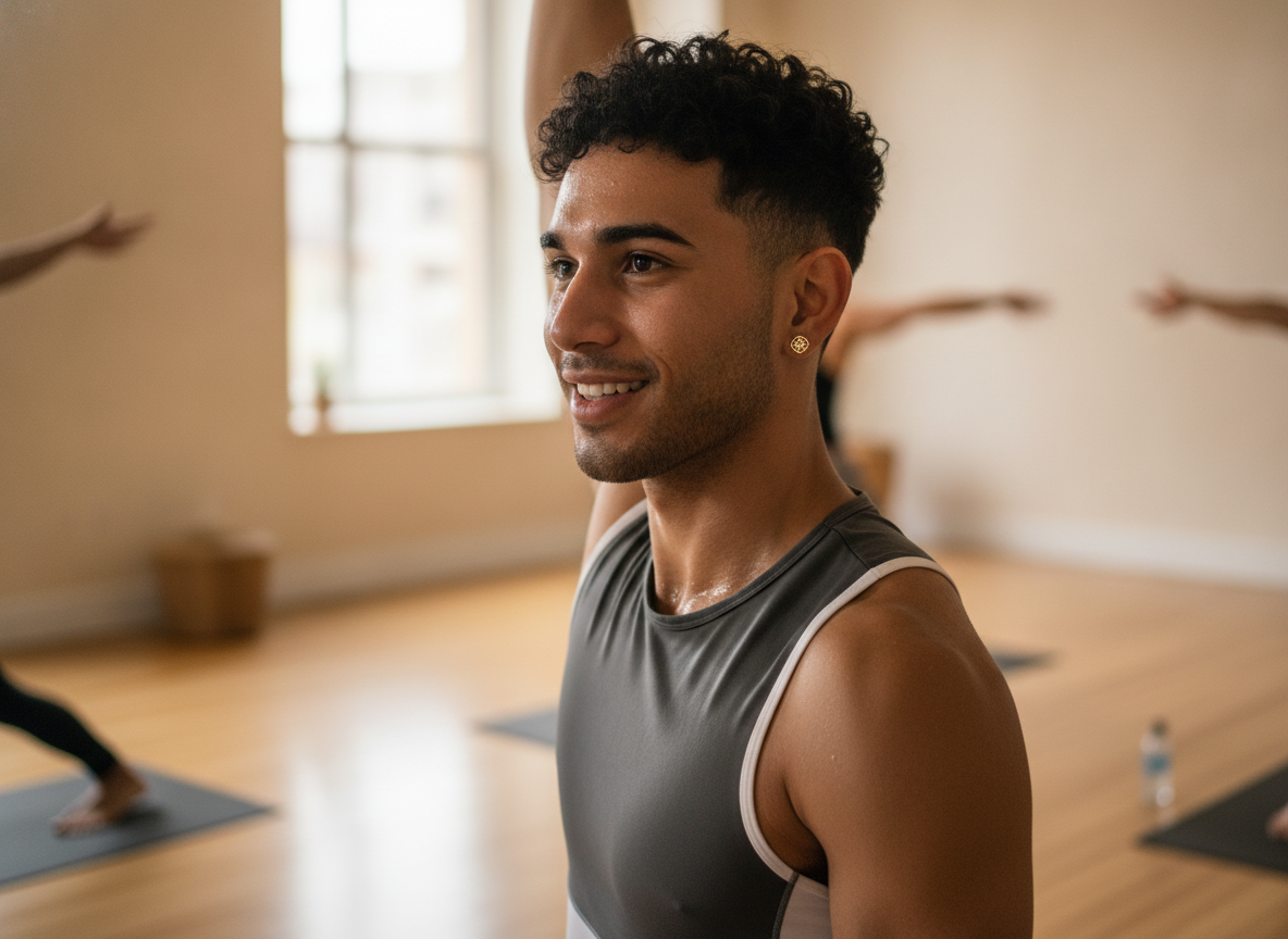 A person with a 'DIAMOND BLVCK' magnetic earring doing yoga, earring secure, in a modern studio.