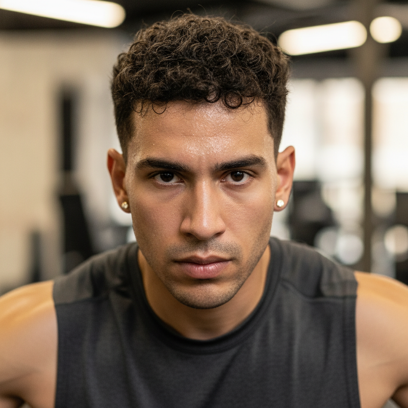 Close-up of a diverse person with short hair, mid-workout in a gym, wearing a sparkling 