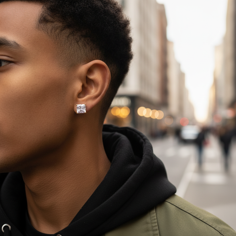 Close-up of a person with a 'DIAMOND BLVCK' magnetic earring, styled as a real piercing, walking on a city street.